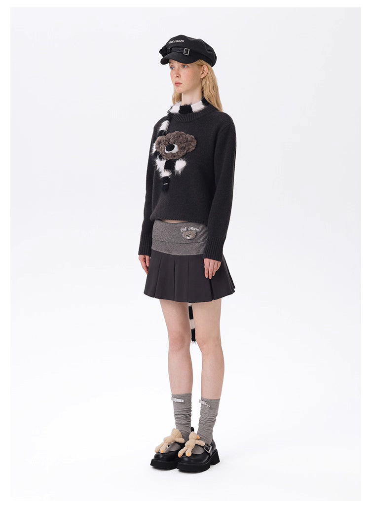 13DE MARZO  Knitted Pleated Skirt with Fold-over Waist Panel - Dark Grey
