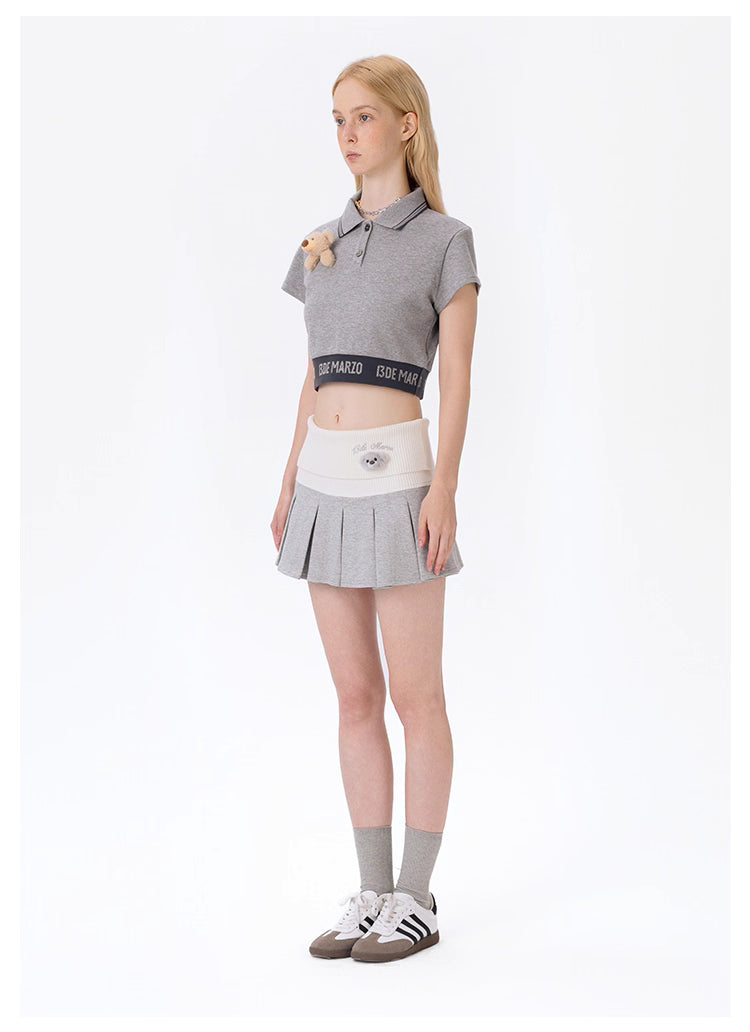 13DE MARZO  Knitted Pleated Skirt with Fold-over Waist Panel - Grey