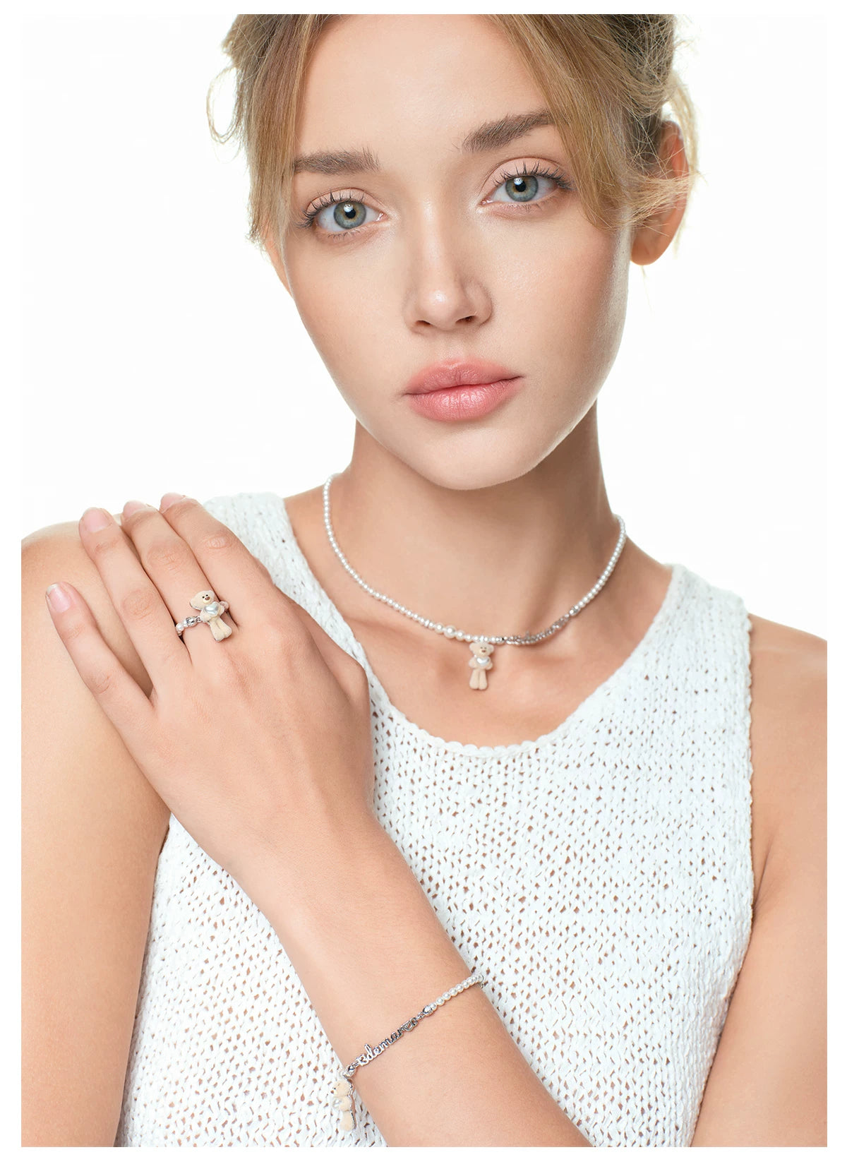 13DE MARZO Bear Hug Pearl Heart Beaded Ring