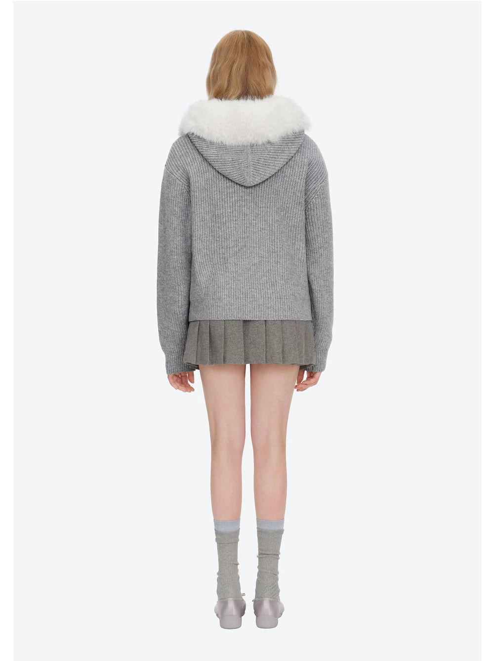 13DE MARZO Pom-pom Bear Fur Collar Knit Sweater Grey