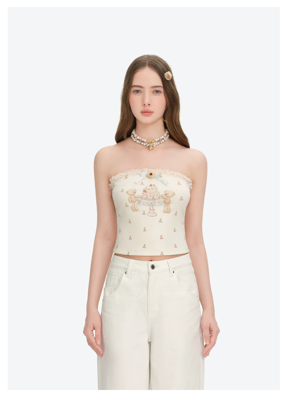 13DE MARZO All-Over Cherry Bear Print Tiered Bustier Yellow