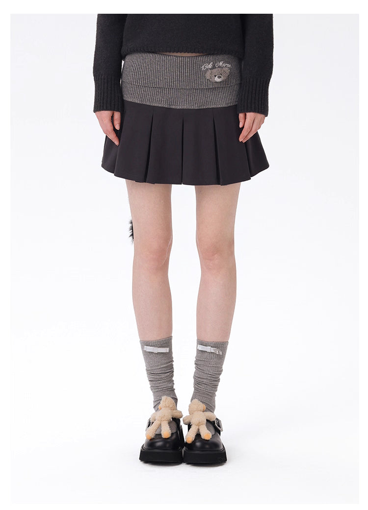 13DE MARZO  Knitted Pleated Skirt with Fold-over Waist Panel - Dark Grey