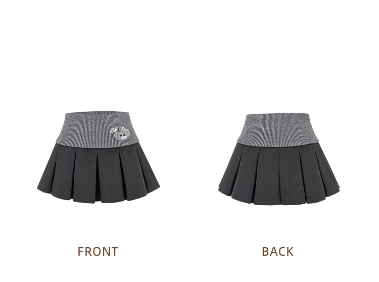 13DE MARZO  Knitted Pleated Skirt with Fold-over Waist Panel - Dark Grey