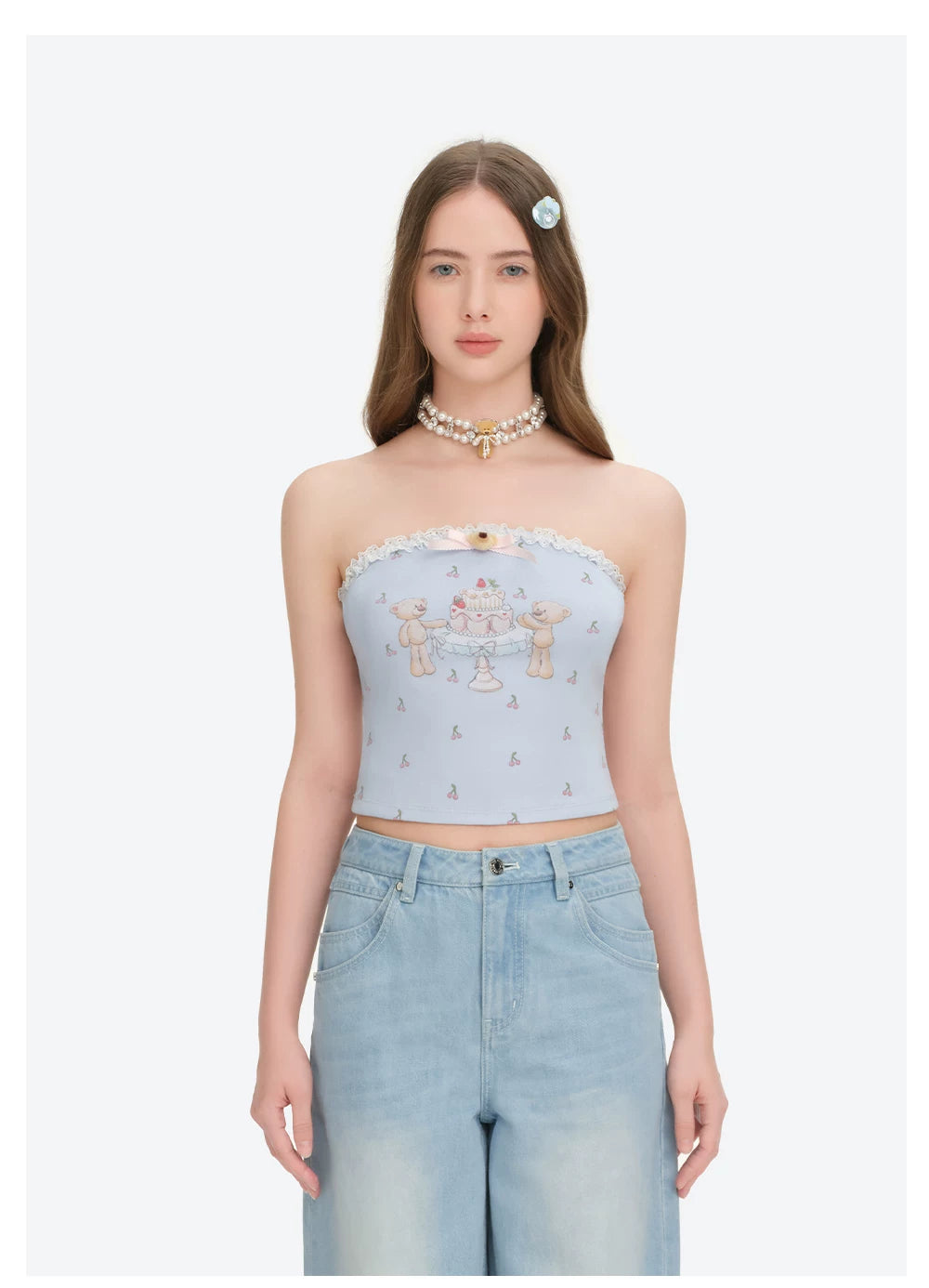 13DE MARZO All-Over Cherry Bear Print Tiered Bustier Blue