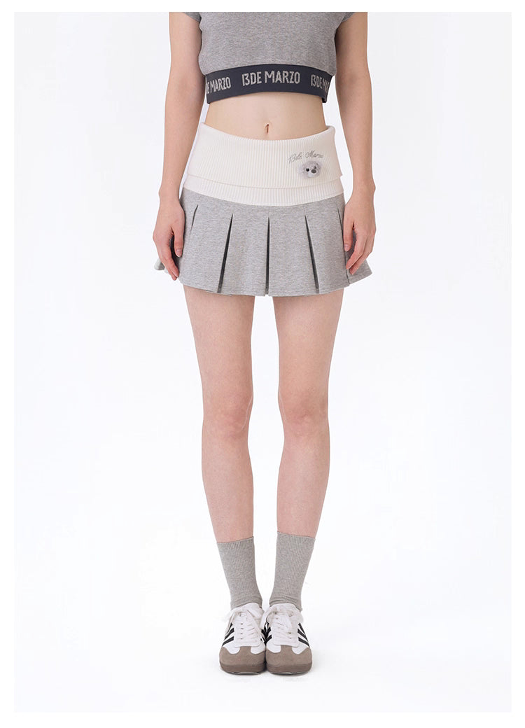 13DE MARZO  Knitted Pleated Skirt with Fold-over Waist Panel - Grey