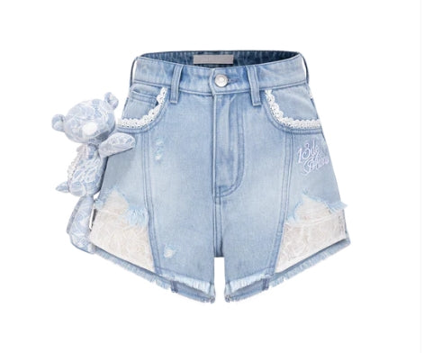 13DE MARZO BEAR LACY DENIM SHORTS