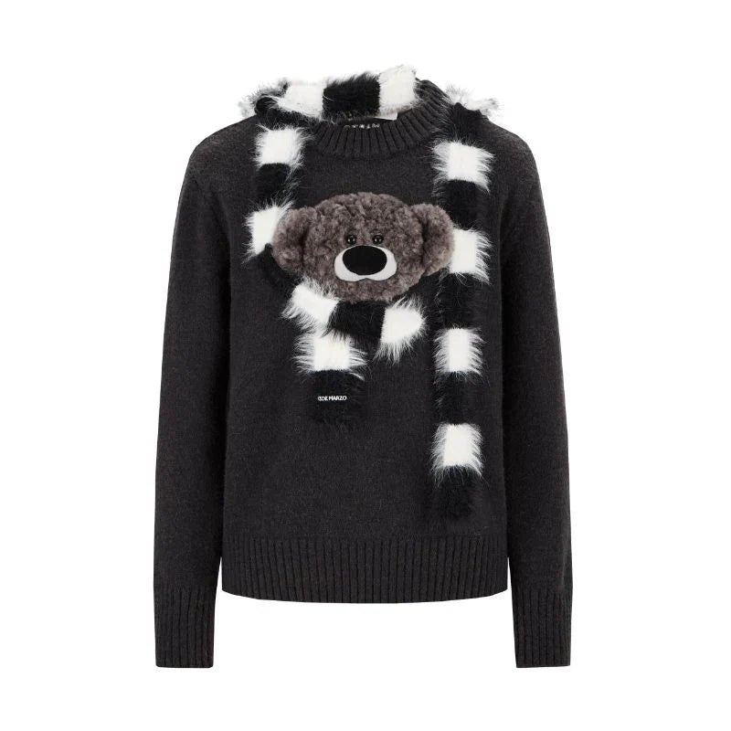 13DE MARZO Bear Thin Scarf Sweater Dark Grey