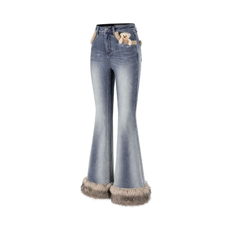 13DE MARZO Bear Vintage Fur Bell Bottom Jeans Blue