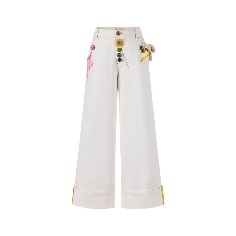 13DE MARZO Tailor Bear Button Jeans White