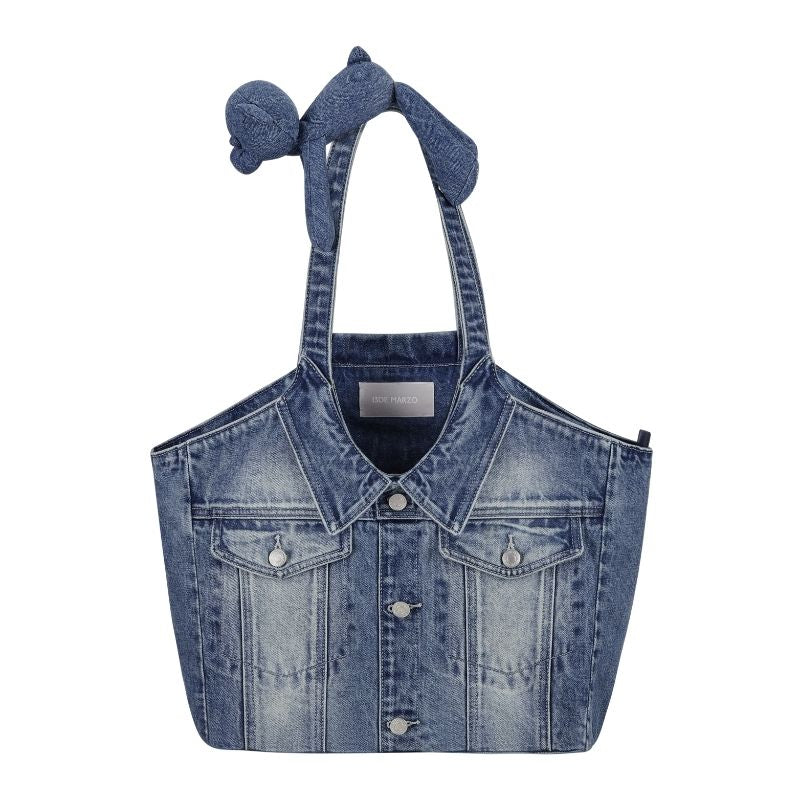 13DE MARZO Bear Denim Jacket  Tote Bag Blue