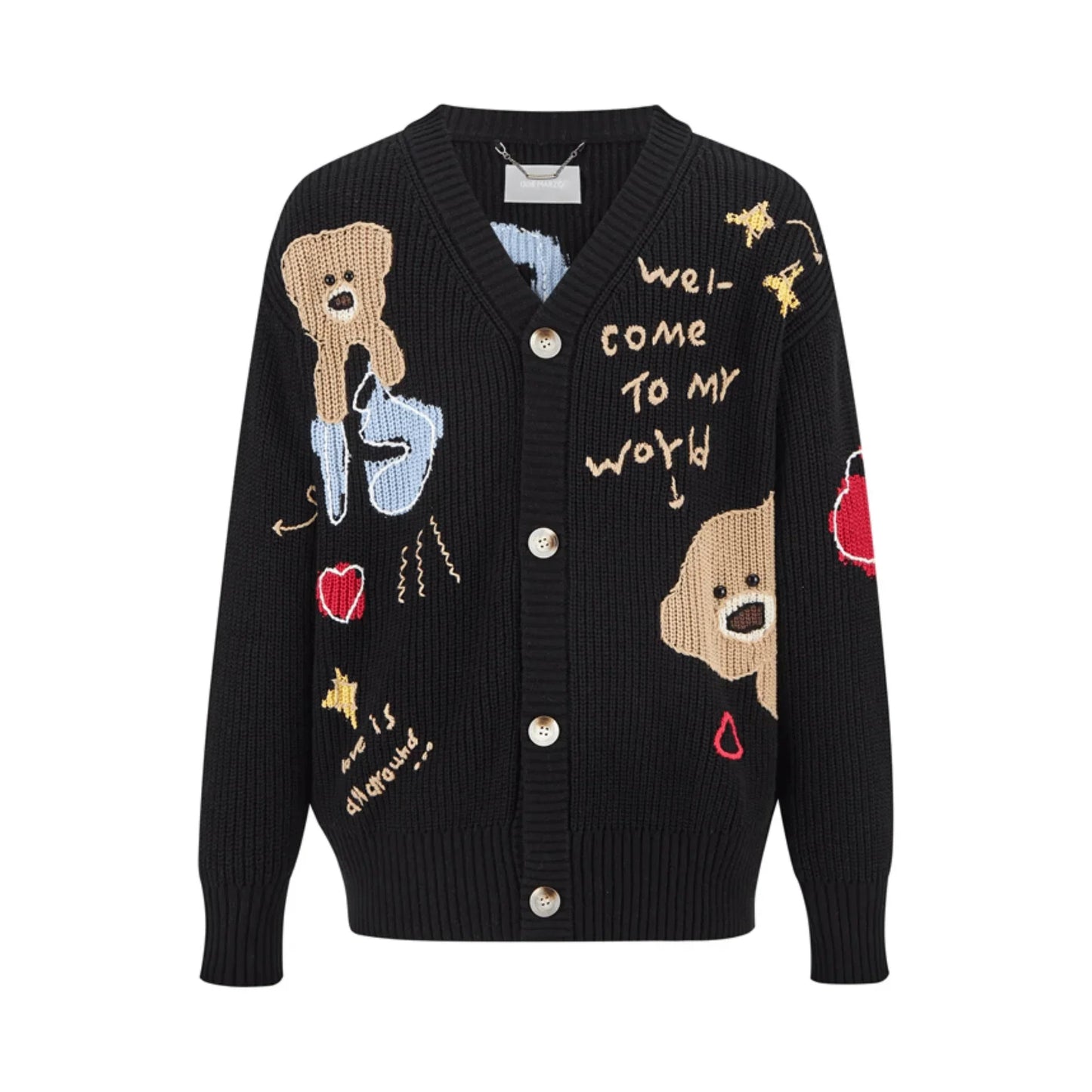13DE MARZO Chunky Needle Graffiti Cardigan Sweater V-Neck Knitted Jacket in Black