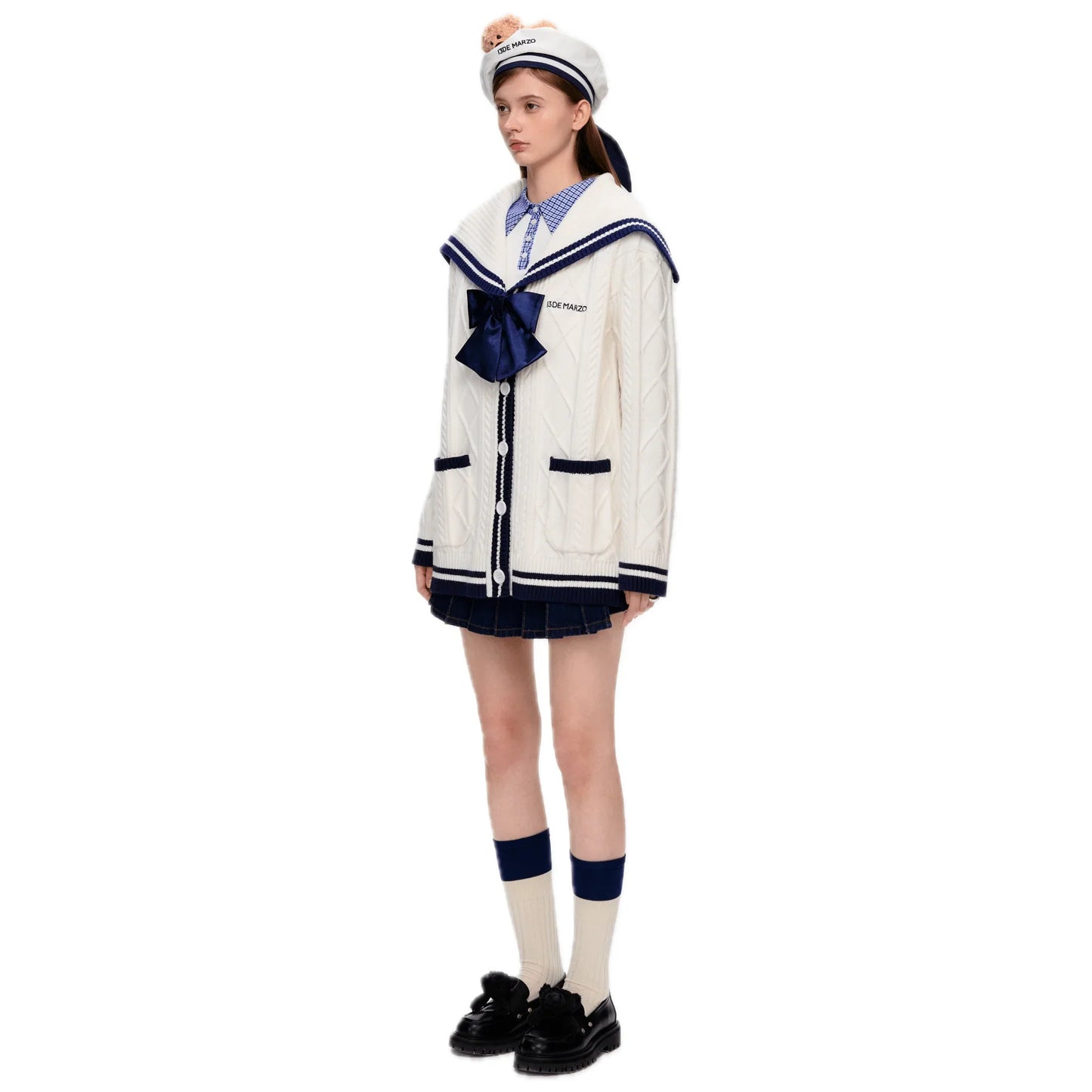 13DE MARZO Navy Style Knitted Cardigan in White