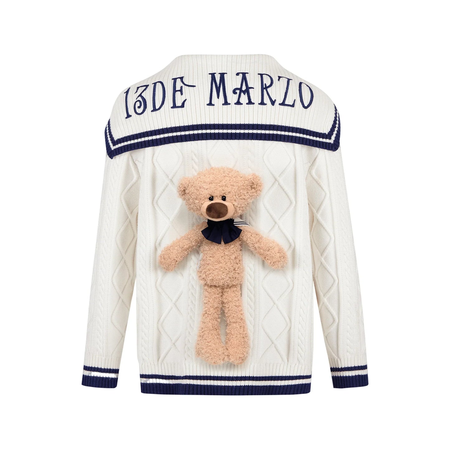 13DE MARZO Navy Style Knitted Cardigan in White