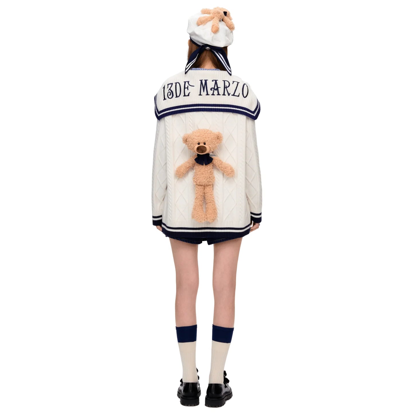 13DE MARZO Navy Style Knitted Cardigan in White