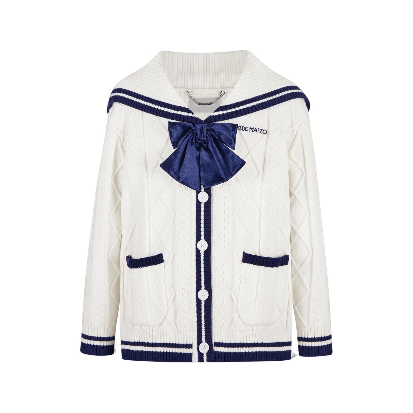 13DE MARZO Navy Style Knitted Cardigan in White