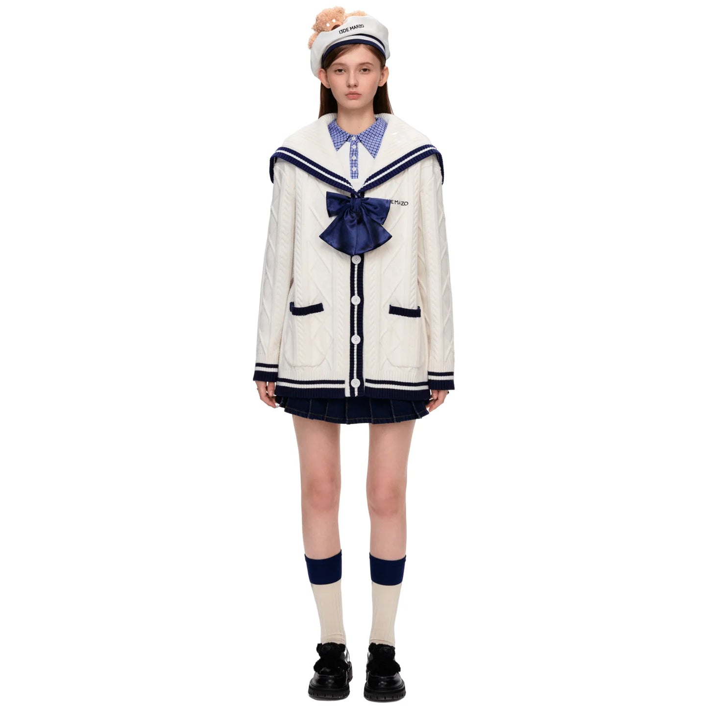 13DE MARZO Navy Style Knitted Cardigan in White